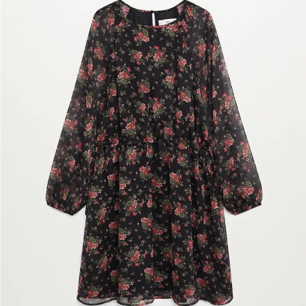 Mango Black Floral Long Sleeve Mini Dress